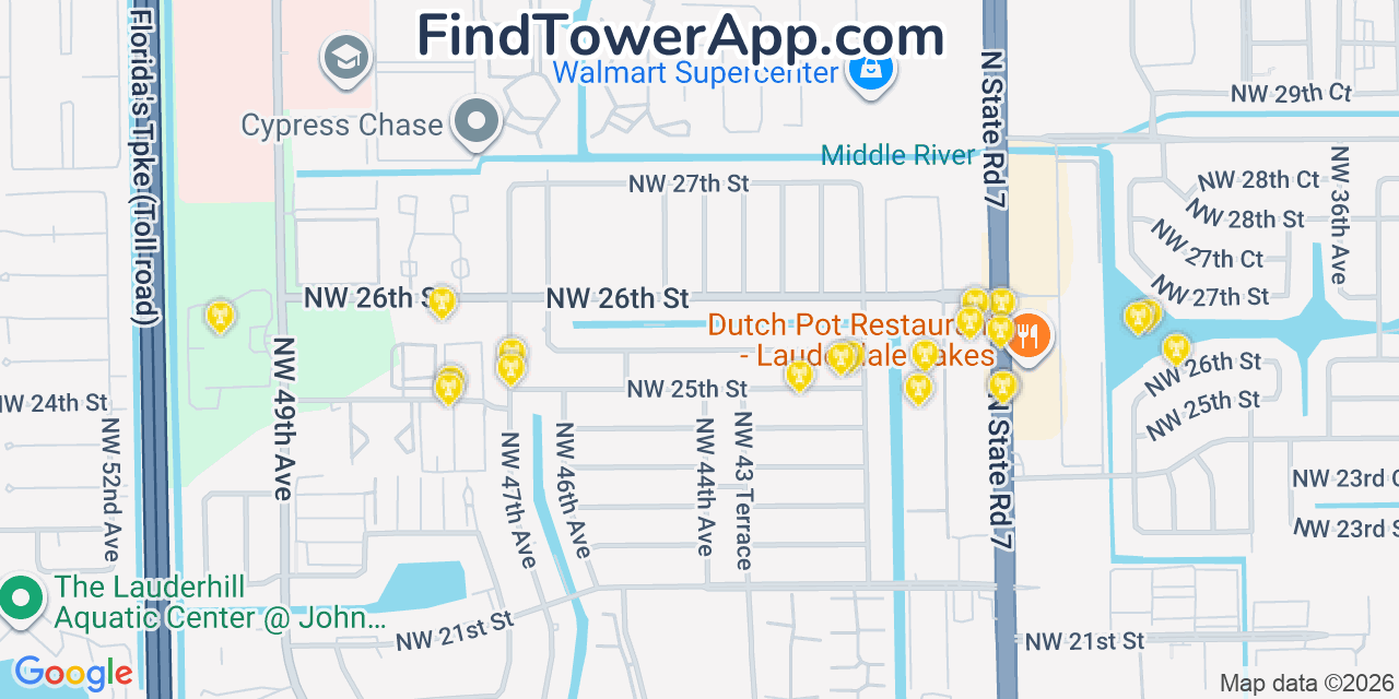 Map showing the 20 primary cell tower locations detected in Lauderdale Lakes, Florida from AT&T, Verizon, and T-Mobile networks