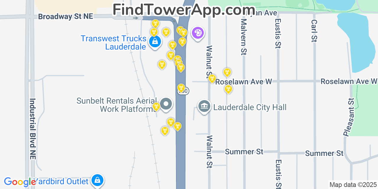 Map showing the 20 primary cell tower locations detected in Lauderdale, Minnesota from AT&T, Verizon, and T-Mobile networks
