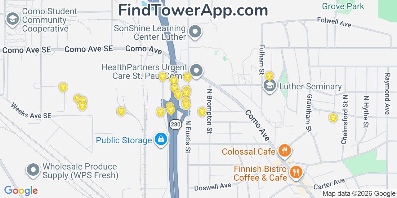 Map showing the 20 primary cell tower locations detected in Lauderdale, Minnesota from AT&T, Verizon, and T-Mobile networks