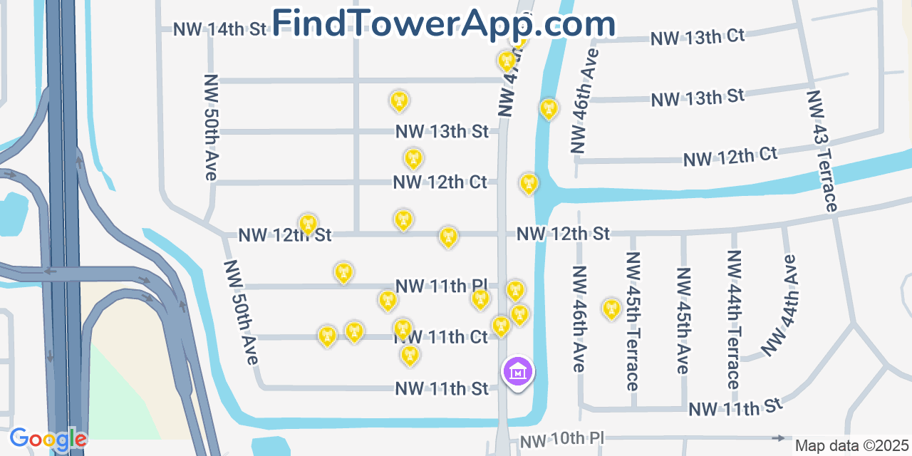 Map showing the 20 primary cell tower locations detected in Lauderhill, Florida from AT&T, Verizon, and T-Mobile networks
