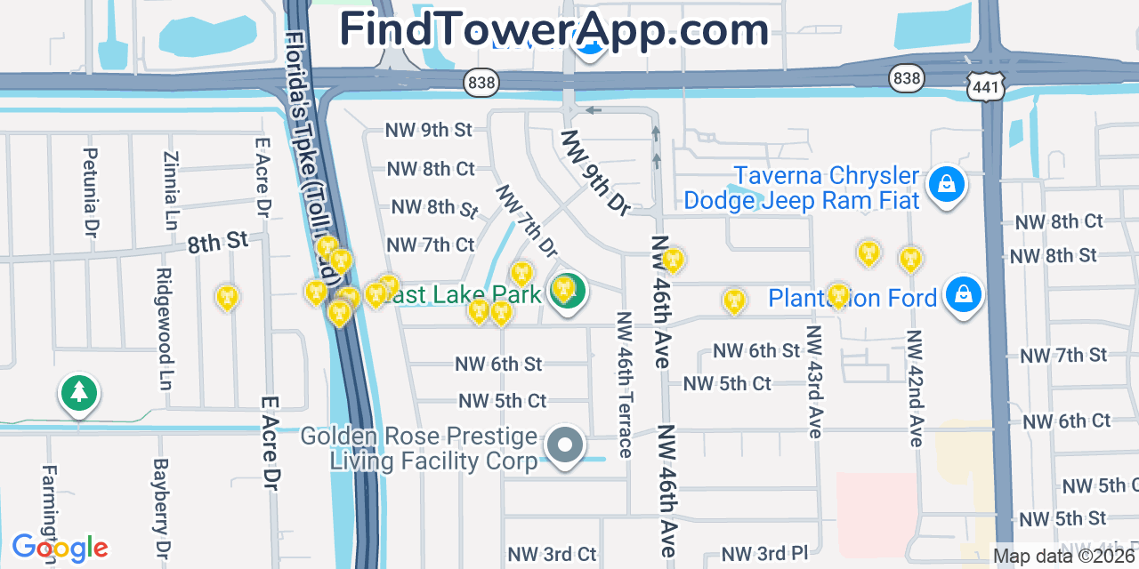 Map showing the 20 primary cell tower locations detected in Lauderhill, Florida from AT&T, Verizon, and T-Mobile networks