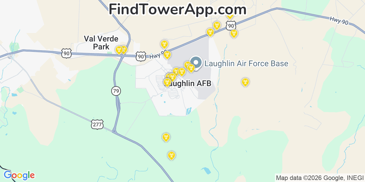Map showing the 20 primary cell tower locations detected in Laughlin Air Force Base, Texas from AT&T, Verizon, and T-Mobile networks