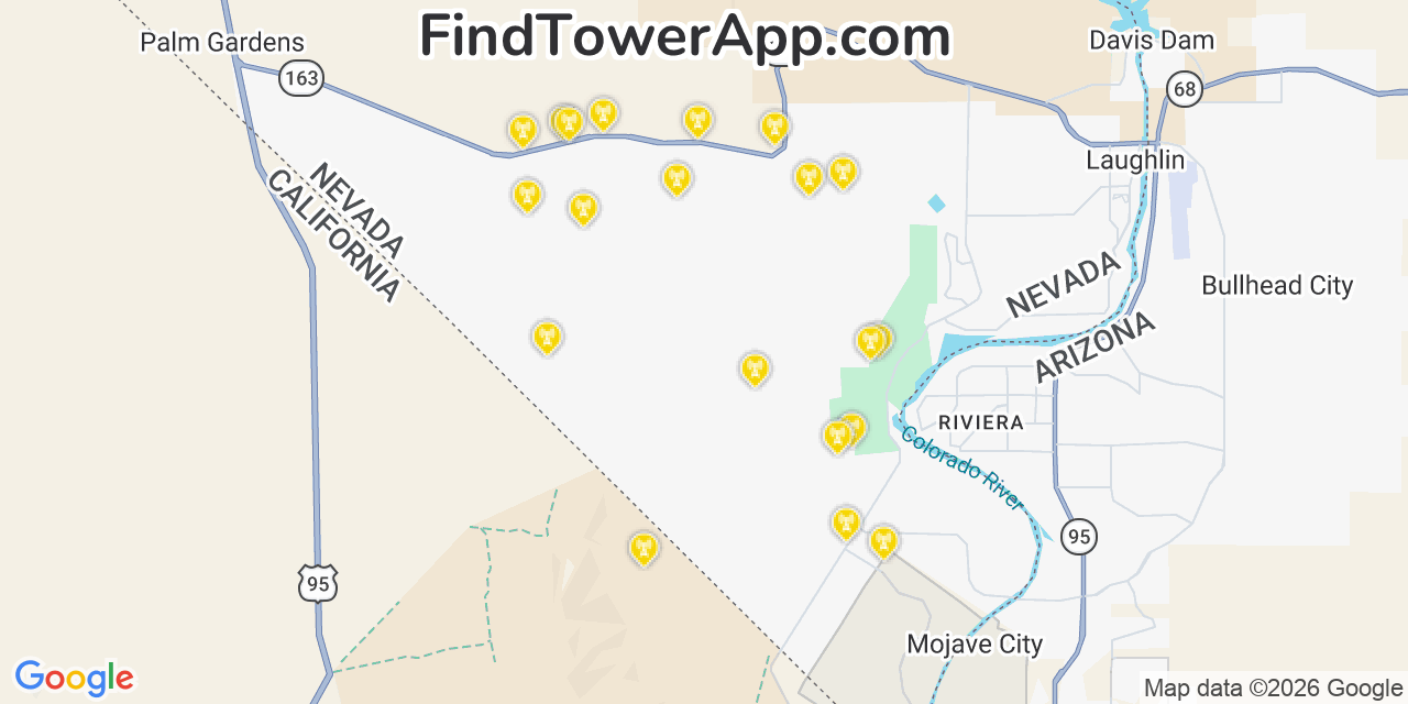 Map showing the 20 primary cell tower locations detected in Laughlin, Nevada from AT&T, Verizon, and T-Mobile networks