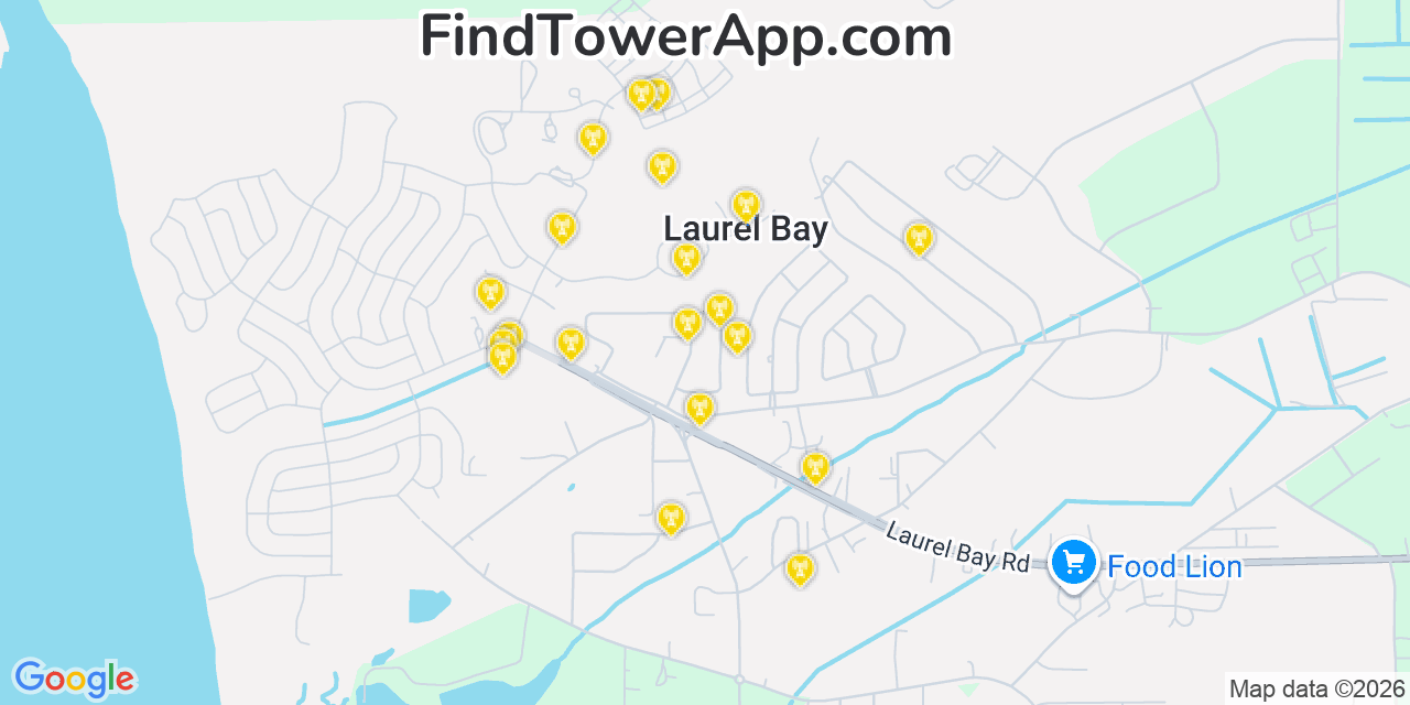 Map showing the 20 primary cell tower locations detected in Laurel Bay, South Carolina from AT&T, Verizon, and T-Mobile networks
