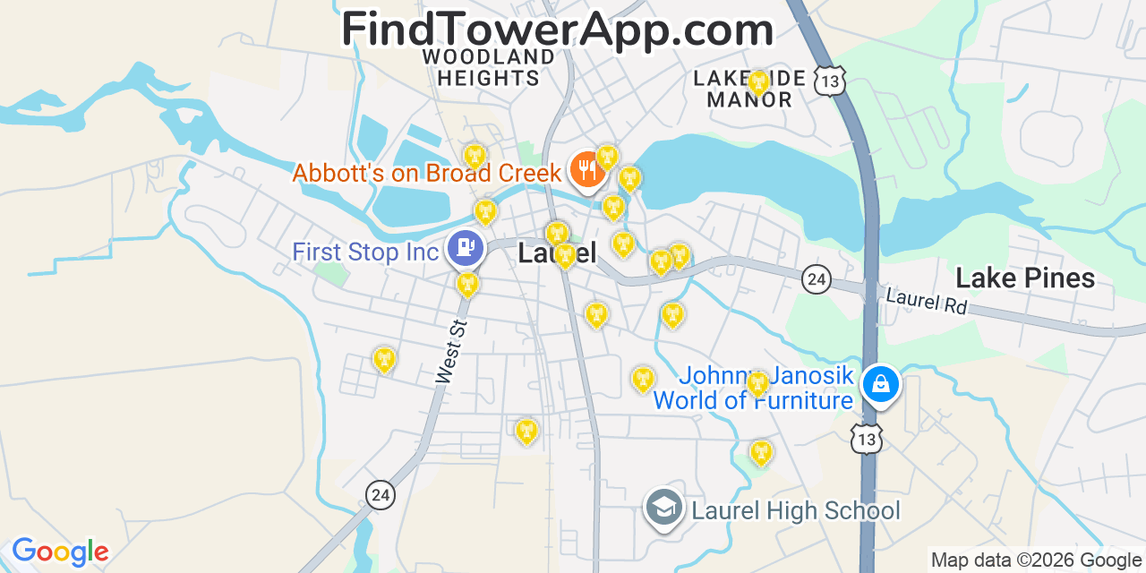 Map showing the 20 primary cell tower locations detected in Laurel, Delaware from AT&T, Verizon, and T-Mobile networks