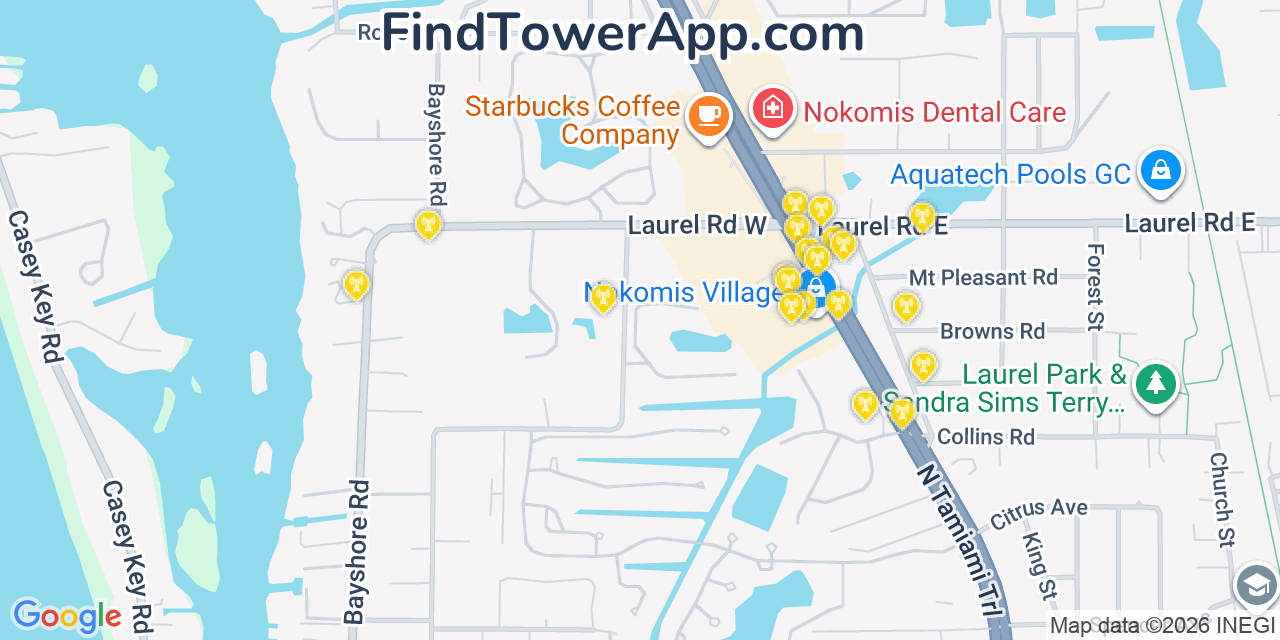 Map showing the 20 primary cell tower locations detected in Laurel, Florida from AT&T, Verizon, and T-Mobile networks
