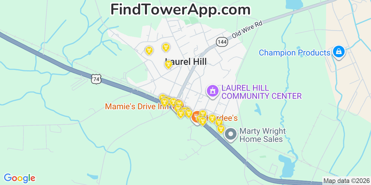 Map showing the 20 primary cell tower locations detected in Laurel Hill, North Carolina from AT&T, Verizon, and T-Mobile networks