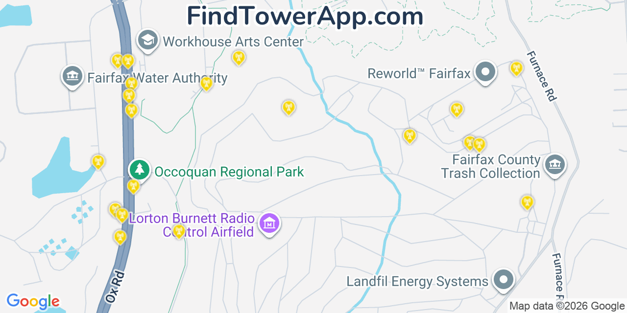 Map showing the 20 primary cell tower locations detected in Laurel Hill, Virginia from AT&T, Verizon, and T-Mobile networks