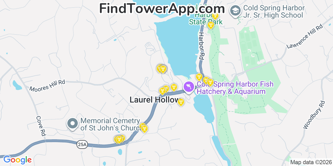 Map showing the 20 primary cell tower locations detected in Laurel Hollow, New York from AT&T, Verizon, and T-Mobile networks