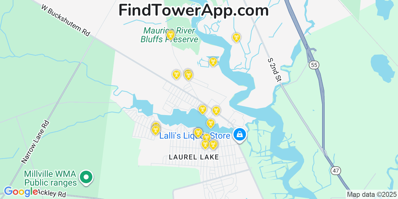 Map showing the 20 primary cell tower locations detected in Laurel Lake, New Jersey from AT&T, Verizon, and T-Mobile networks