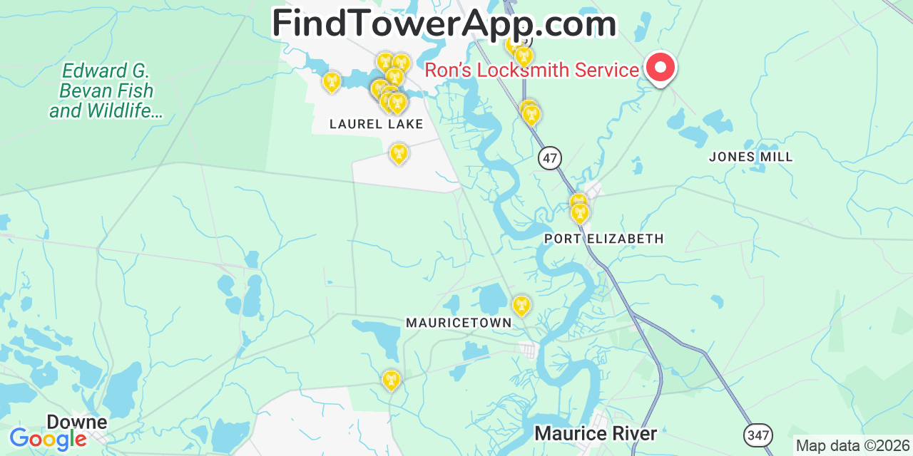 Map showing the 20 primary cell tower locations detected in Laurel Lake, New Jersey from AT&T, Verizon, and T-Mobile networks