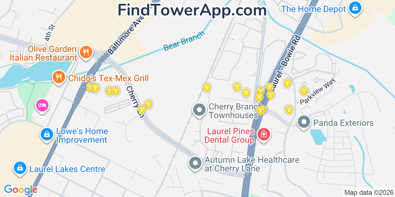 Map showing the 20 primary cell tower locations detected in Laurel, Maryland from AT&T, Verizon, and T-Mobile networks