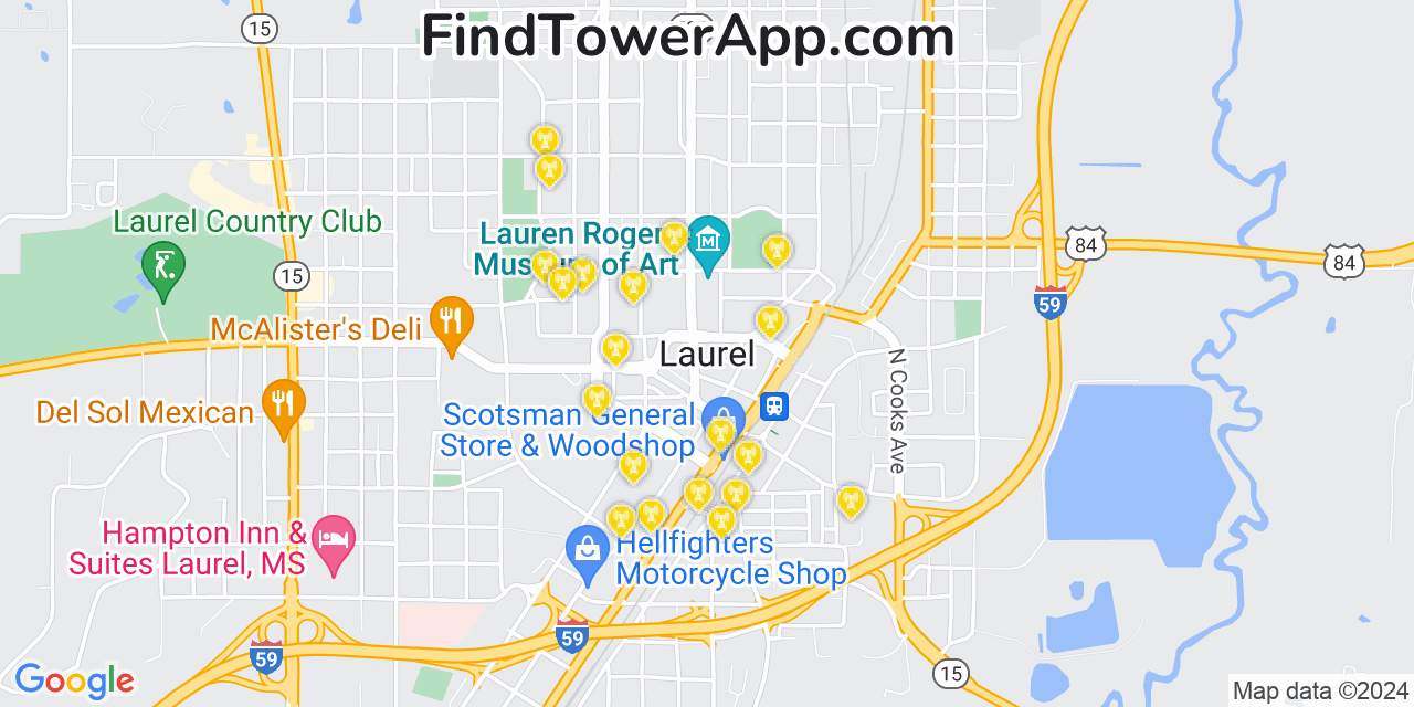 AT&T 4G/5G cell tower coverage map Laurel, Mississippi