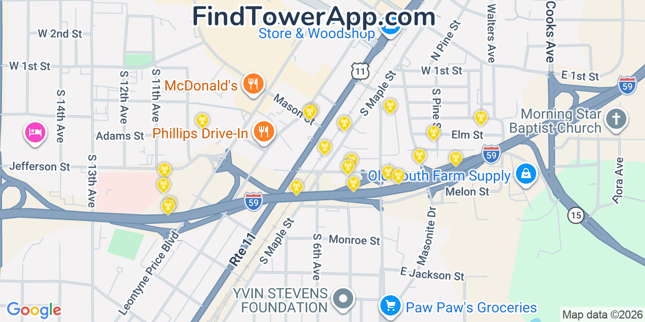 Map showing the 20 primary cell tower locations detected in Laurel, Mississippi from AT&T, Verizon, and T-Mobile networks