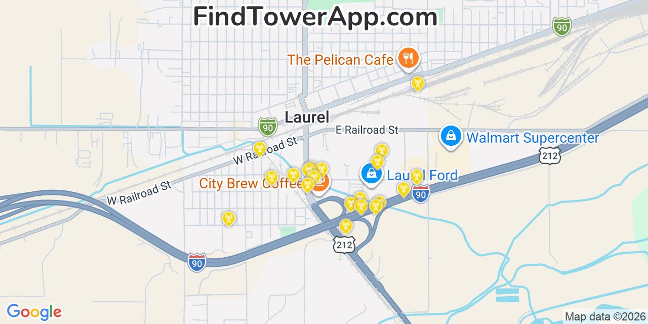 Map showing the 20 primary cell tower locations detected in Laurel, Montana from AT&T, Verizon, and T-Mobile networks