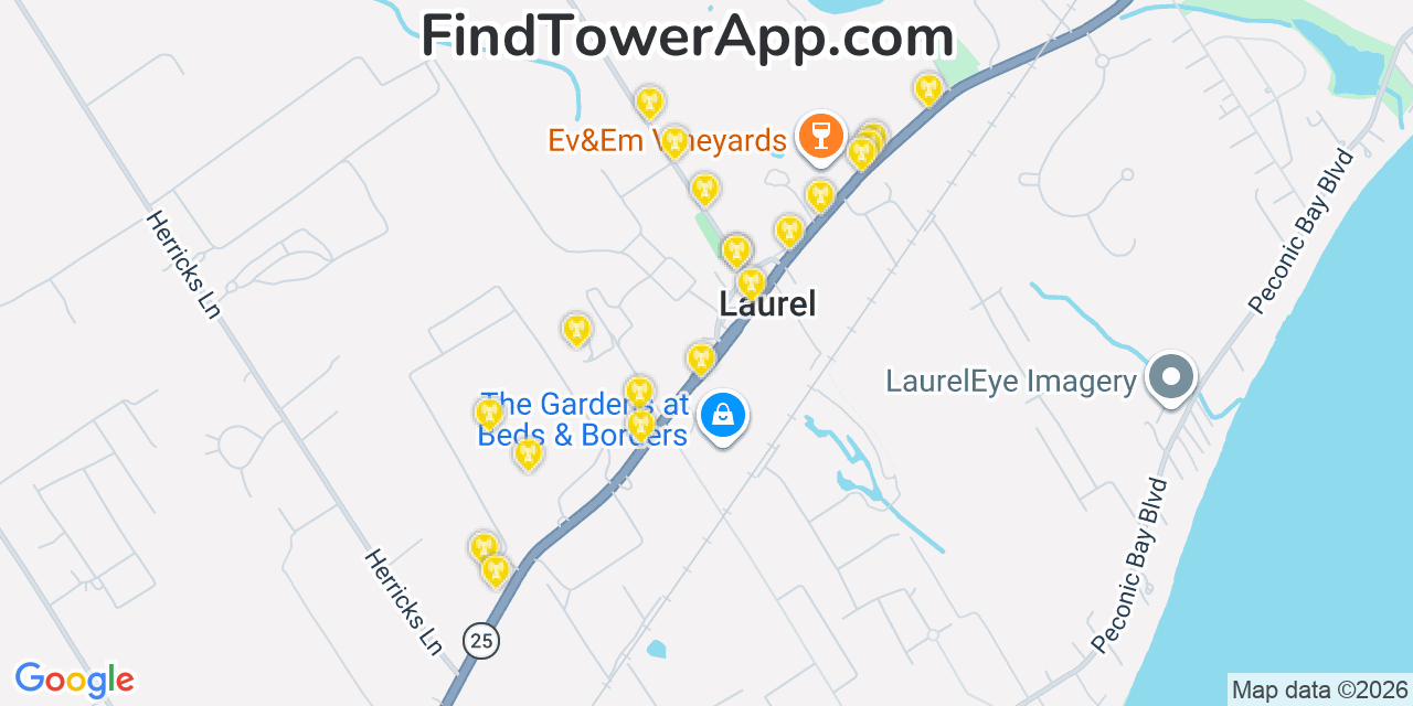 Map showing the 20 primary cell tower locations detected in Laurel, New York from AT&T, Verizon, and T-Mobile networks