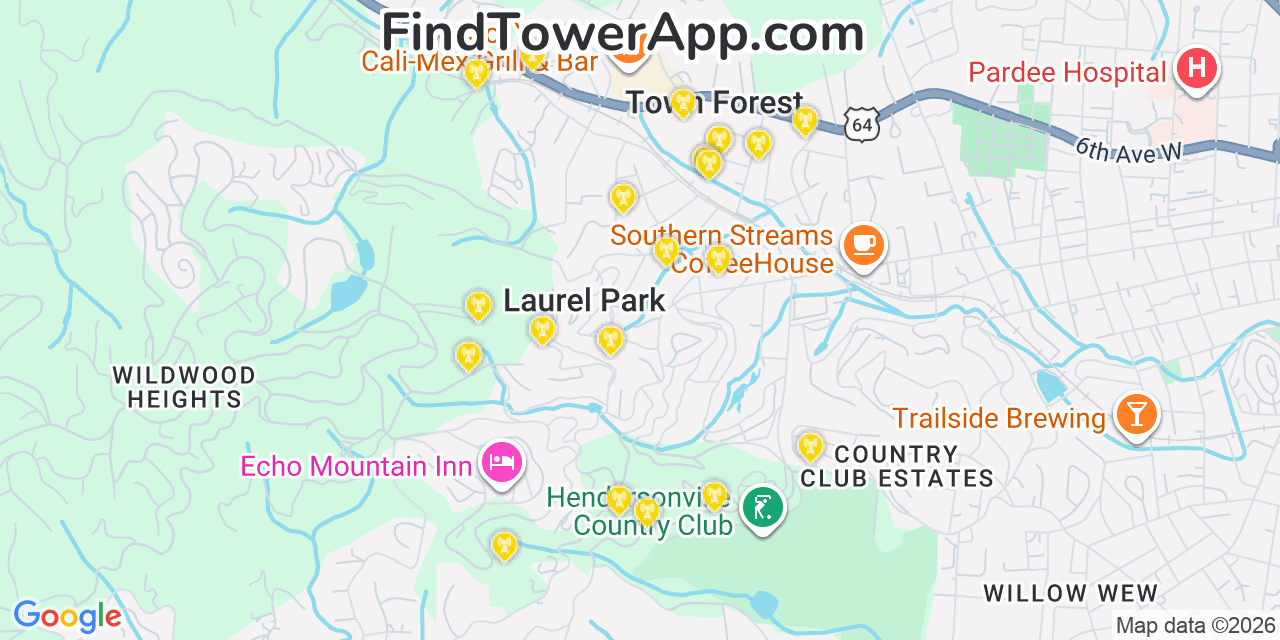 Map showing the 20 primary cell tower locations detected in Laurel Park, North Carolina from AT&T, Verizon, and T-Mobile networks