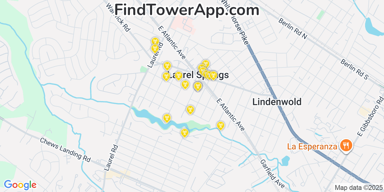 Map showing the 20 primary cell tower locations detected in Laurel Springs, New Jersey from AT&T, Verizon, and T-Mobile networks