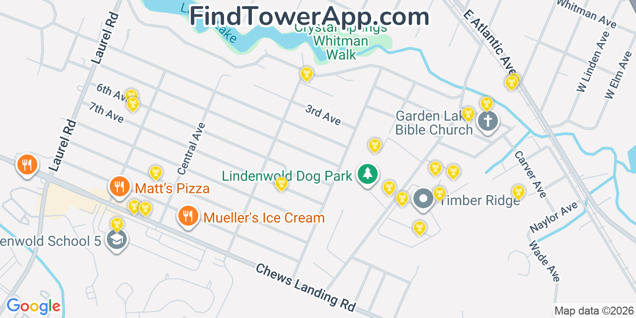 Map showing the 20 primary cell tower locations detected in Laurel Springs, New Jersey from AT&T, Verizon, and T-Mobile networks