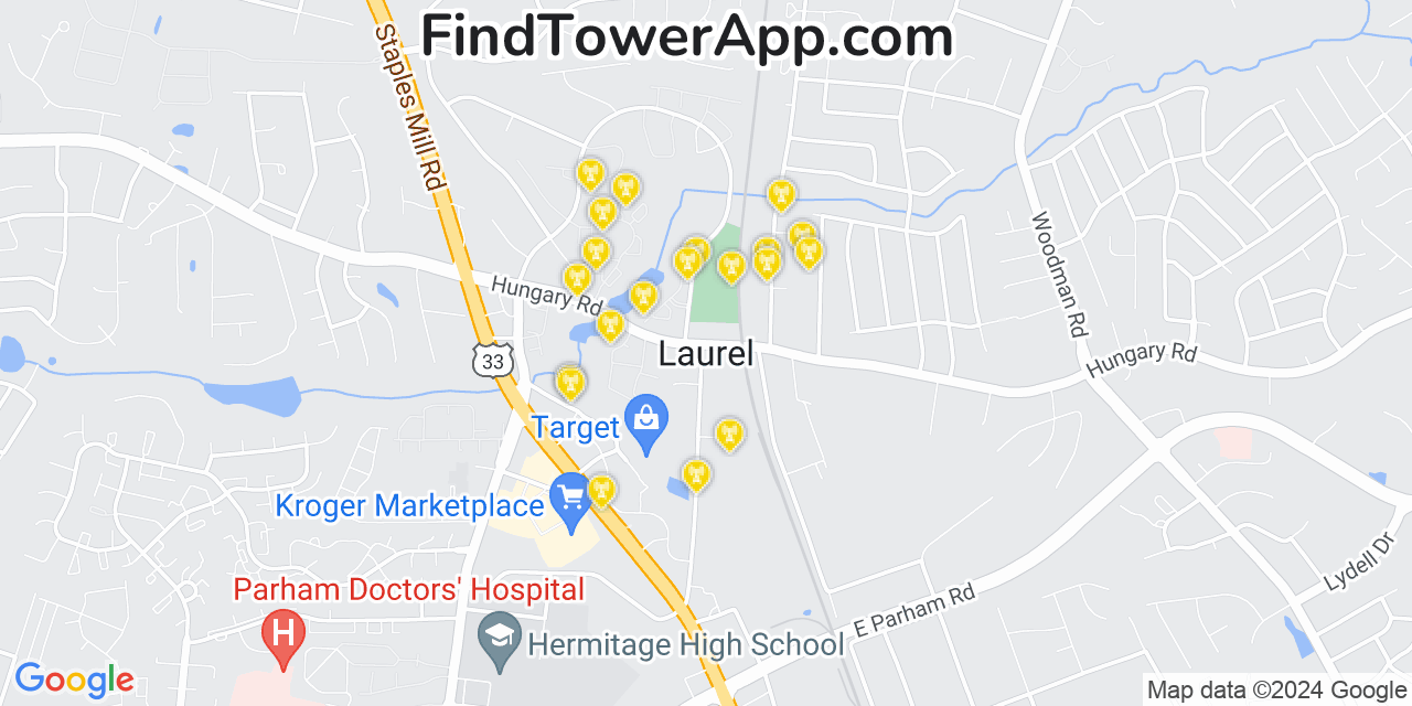 AT&T 4G/5G cell tower coverage map Laurel, Virginia