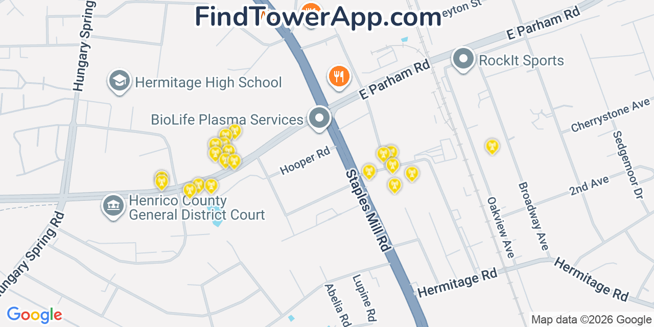 Map showing the 20 primary cell tower locations detected in Laurel, Virginia from AT&T, Verizon, and T-Mobile networks