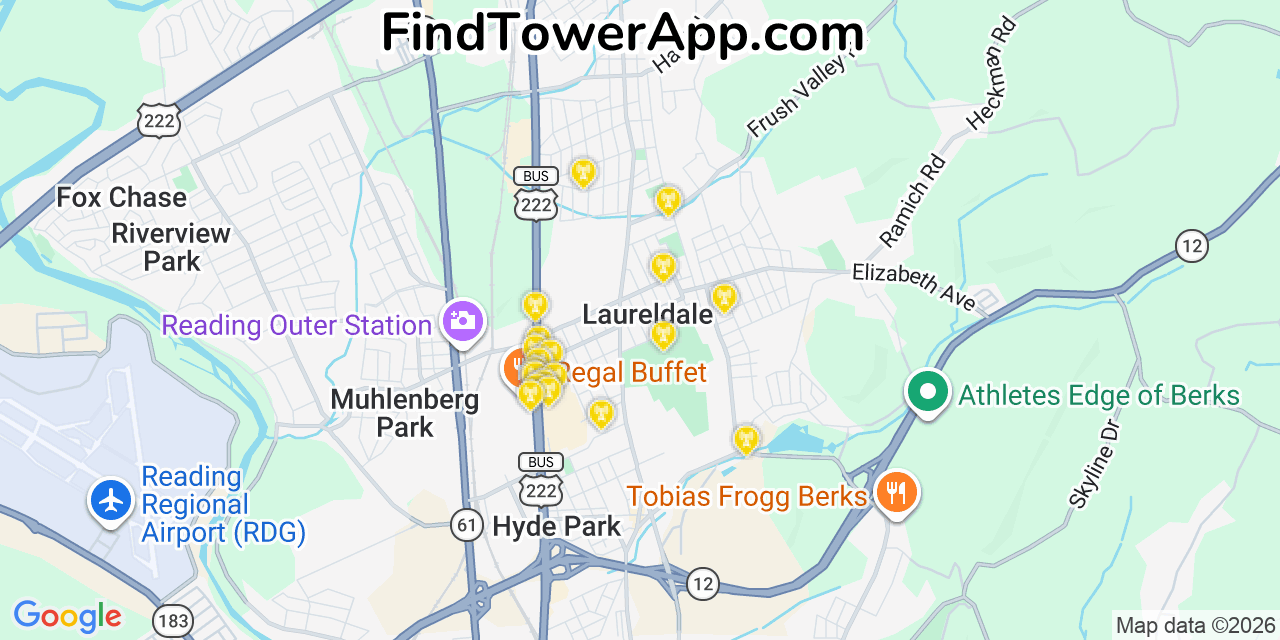 Map showing the 20 primary cell tower locations detected in Laureldale, Pennsylvania from AT&T, Verizon, and T-Mobile networks