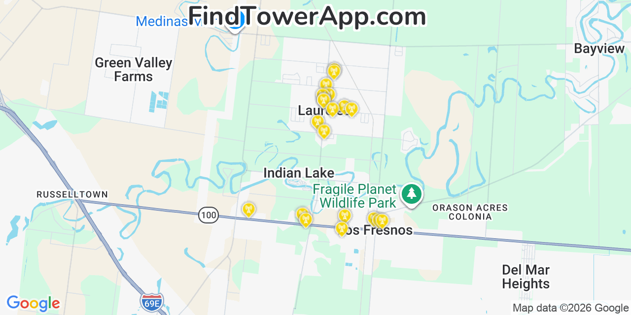 Map showing the 20 primary cell tower locations detected in Laureles, Texas from AT&T, Verizon, and T-Mobile networks