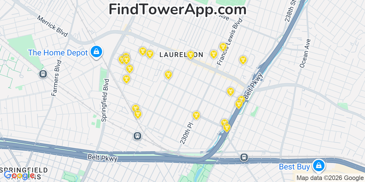 Map showing the 20 primary cell tower locations detected in Laurelton, New York from AT&T, Verizon, and T-Mobile networks