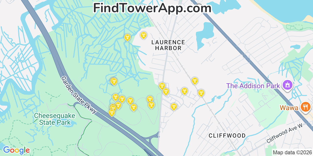 Map showing the 20 primary cell tower locations detected in Laurence Harbor, New Jersey from AT&T, Verizon, and T-Mobile networks