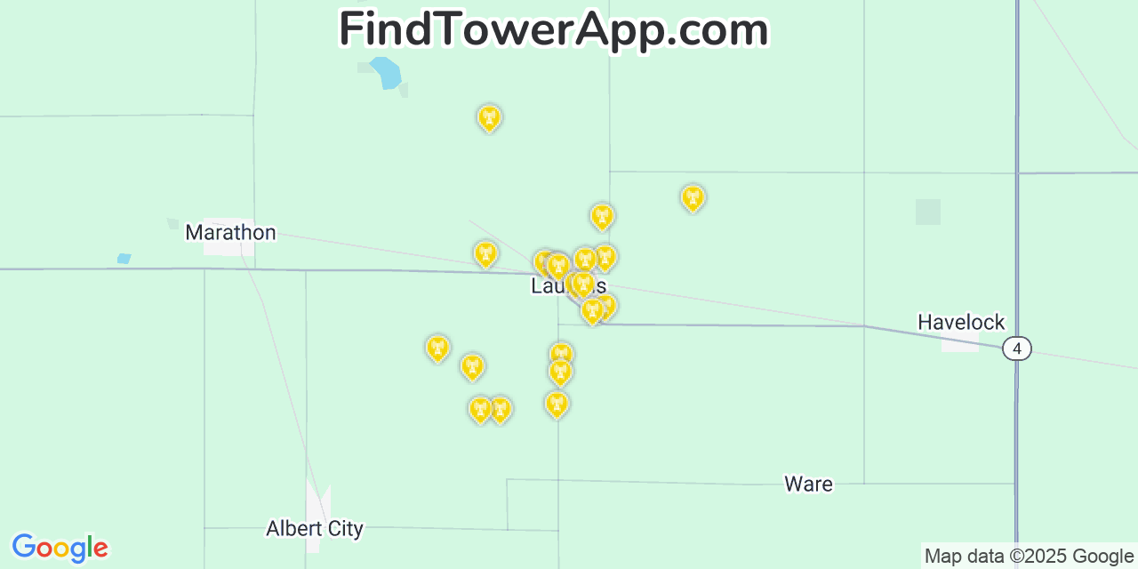 Map showing the 20 primary cell tower locations detected in Laurens, Iowa from AT&T, Verizon, and T-Mobile networks