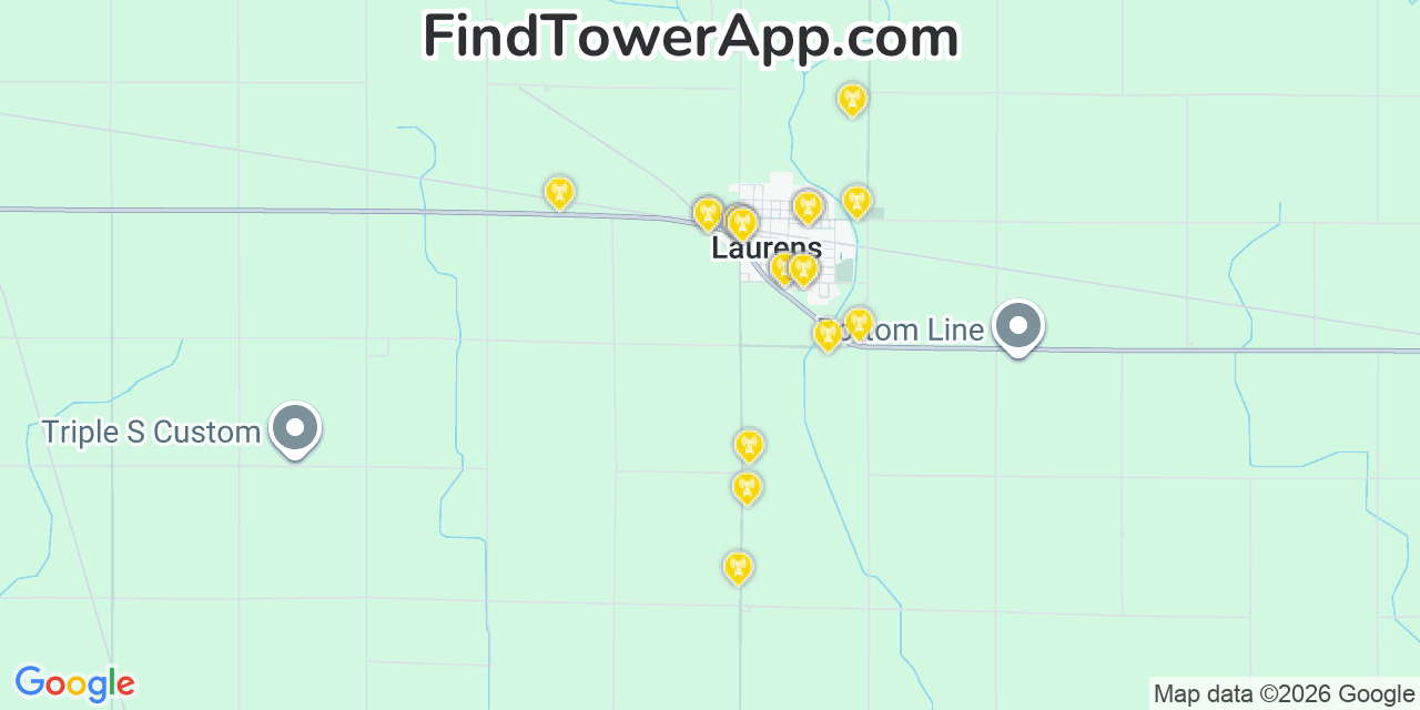 Map showing the 20 primary cell tower locations detected in Laurens, Iowa from AT&T, Verizon, and T-Mobile networks