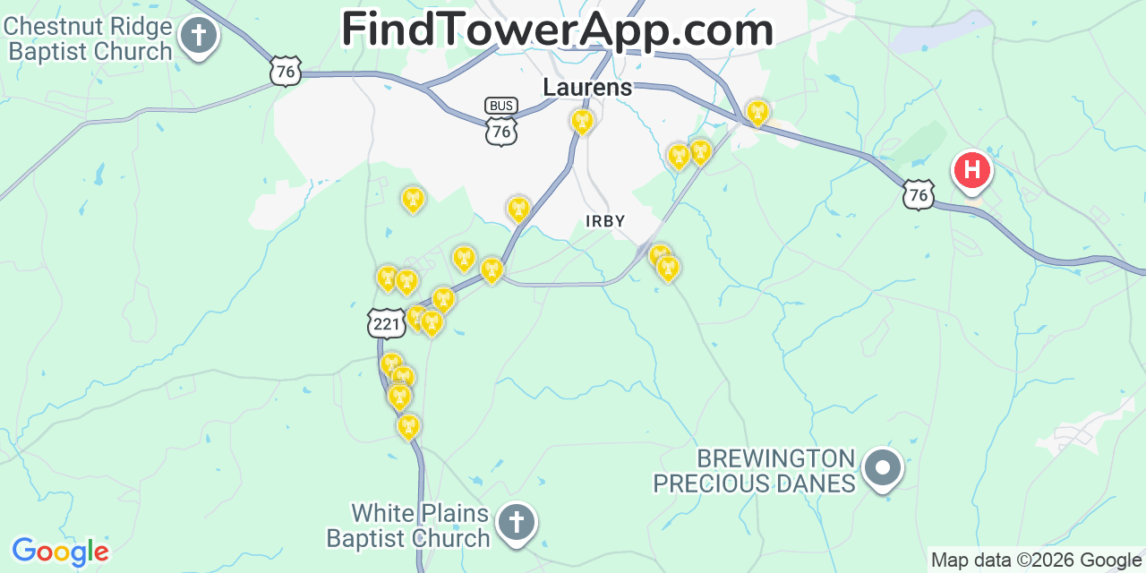 Map showing the 20 primary cell tower locations detected in Laurens, South Carolina from AT&T, Verizon, and T-Mobile networks