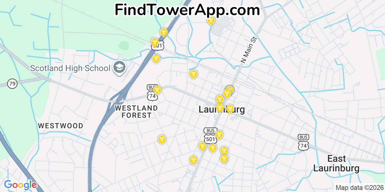 Map showing the 20 primary cell tower locations detected in Laurinburg, North Carolina from AT&T, Verizon, and T-Mobile networks