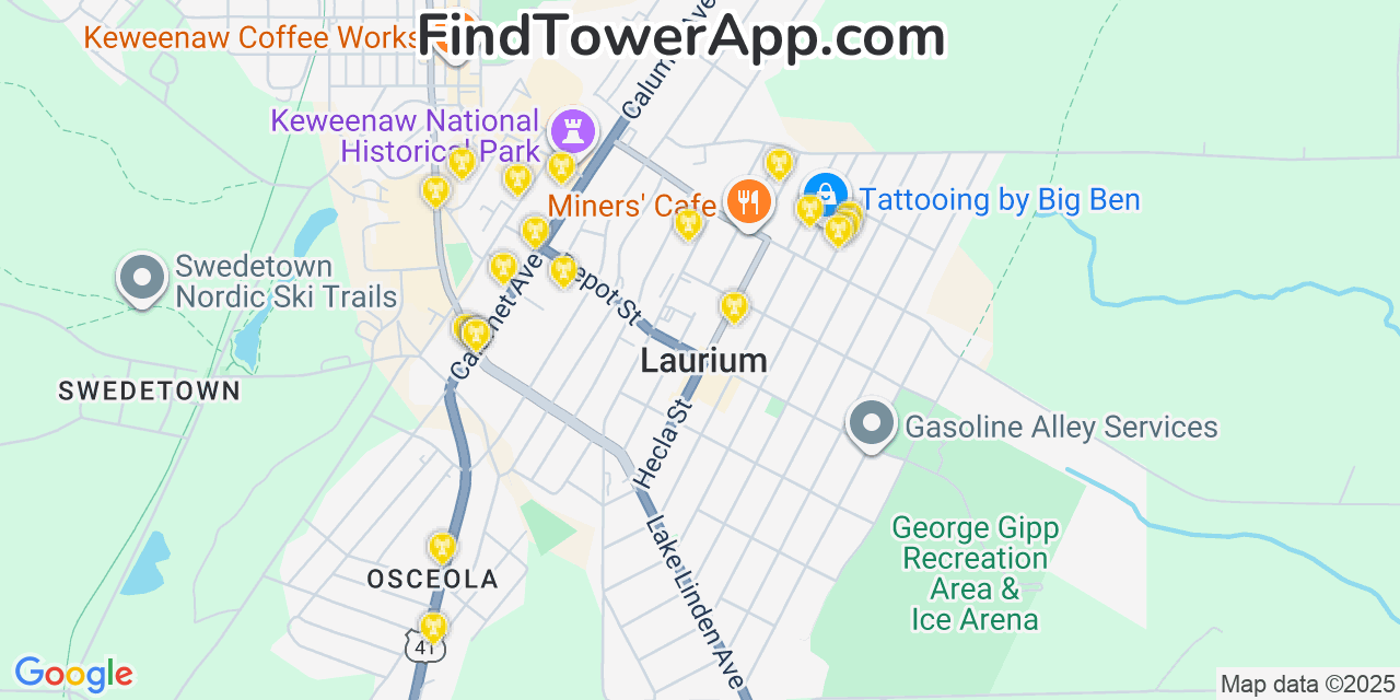 Map showing the 20 primary cell tower locations detected in Laurium, Michigan from AT&T, Verizon, and T-Mobile networks