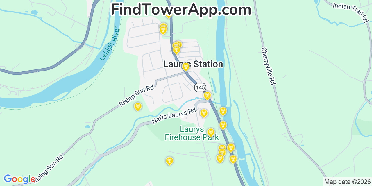 Map showing the 20 primary cell tower locations detected in Laurys Station, Pennsylvania from AT&T, Verizon, and T-Mobile networks