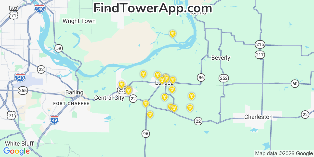 Map showing the 20 primary cell tower locations detected in Lavaca, Arkansas from AT&T, Verizon, and T-Mobile networks