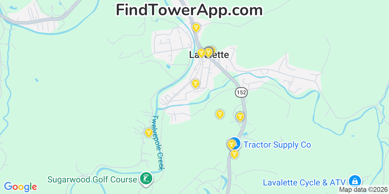 Map showing the 20 primary cell tower locations detected in Lavalette, West Virginia from AT&T, Verizon, and T-Mobile networks