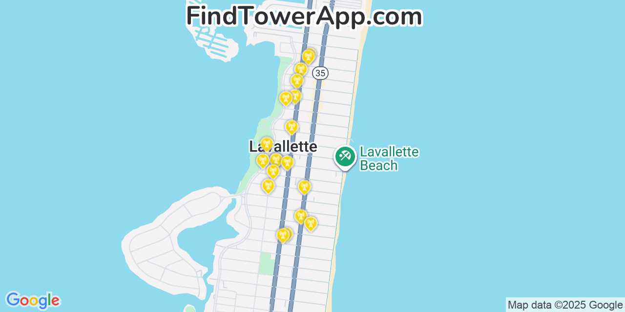 Map showing the 20 primary cell tower locations detected in Lavallette, New Jersey from AT&T, Verizon, and T-Mobile networks