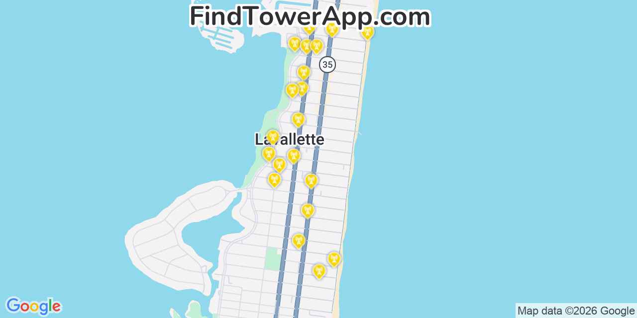 Map showing the 20 primary cell tower locations detected in Lavallette, New Jersey from AT&T, Verizon, and T-Mobile networks