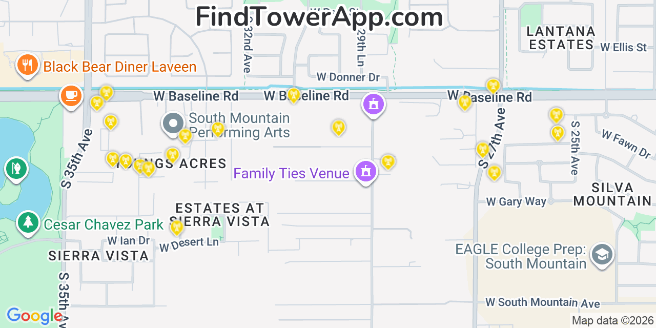 Map showing the 20 primary cell tower locations detected in Laveen, Arizona from AT&T, Verizon, and T-Mobile networks