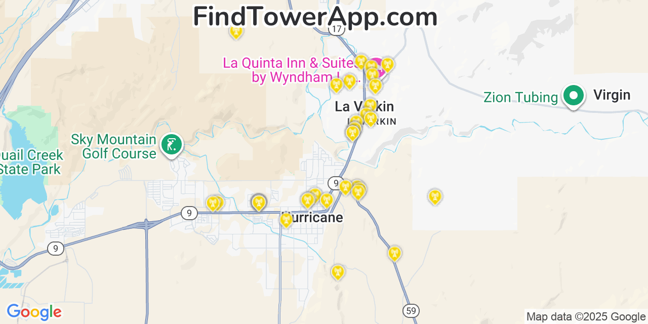 Map showing the 35 primary AT&T cell tower locations detected in Laverkin, Utah with coverage radius and signal strength indicators