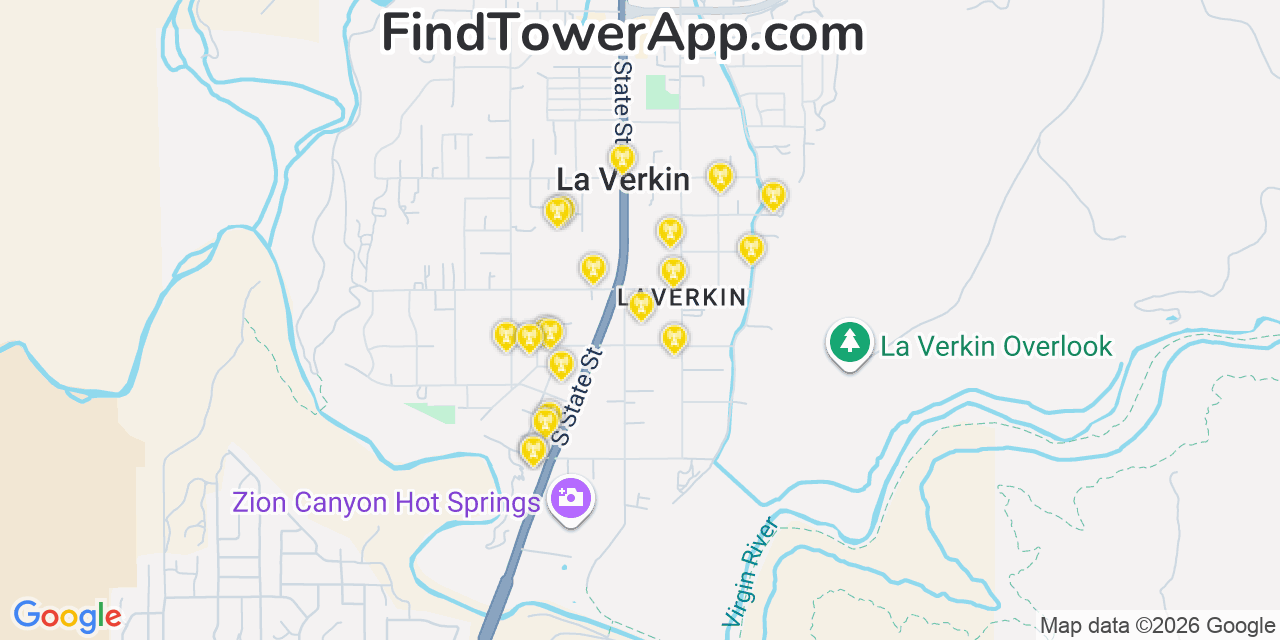Map showing the 20 primary cell tower locations detected in Laverkin, Utah from AT&T, Verizon, and T-Mobile networks