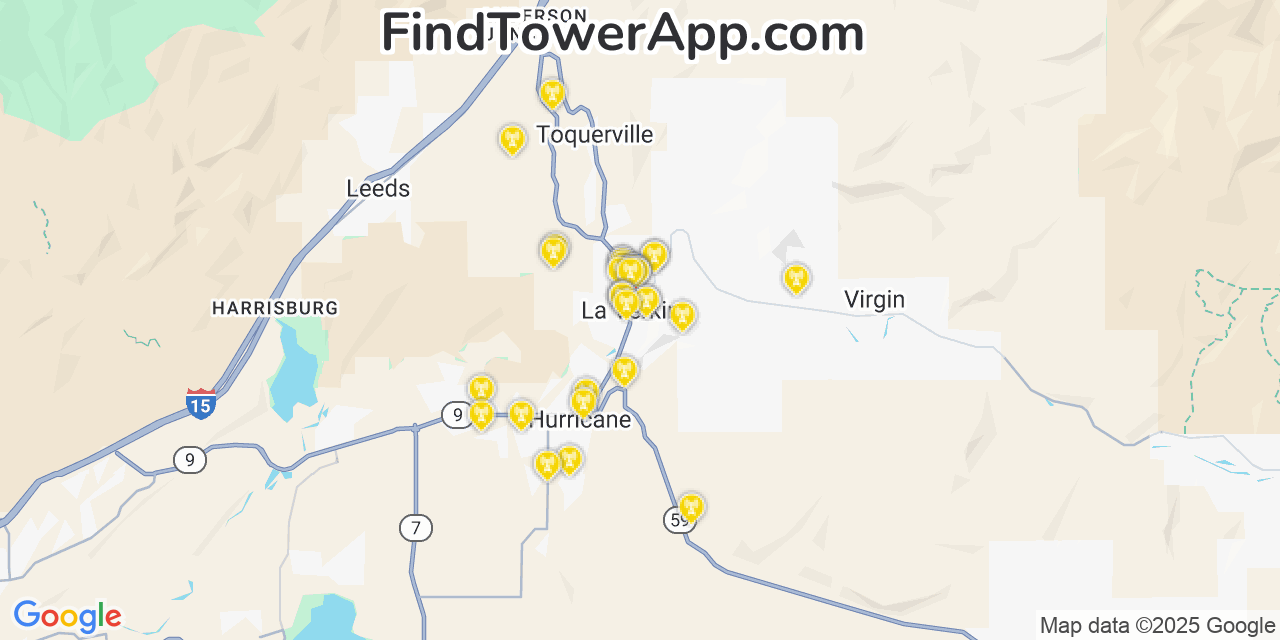Map showing the 33 primary T-Mobile cell tower locations detected in Laverkin, Utah with coverage radius and signal strength indicators