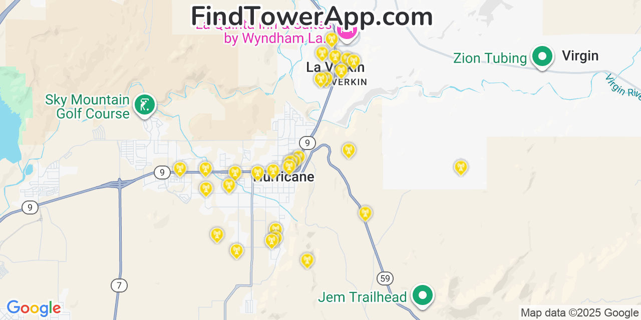Map showing the 29 primary Verizon cell tower locations detected in Laverkin, Utah with coverage radius and signal strength indicators