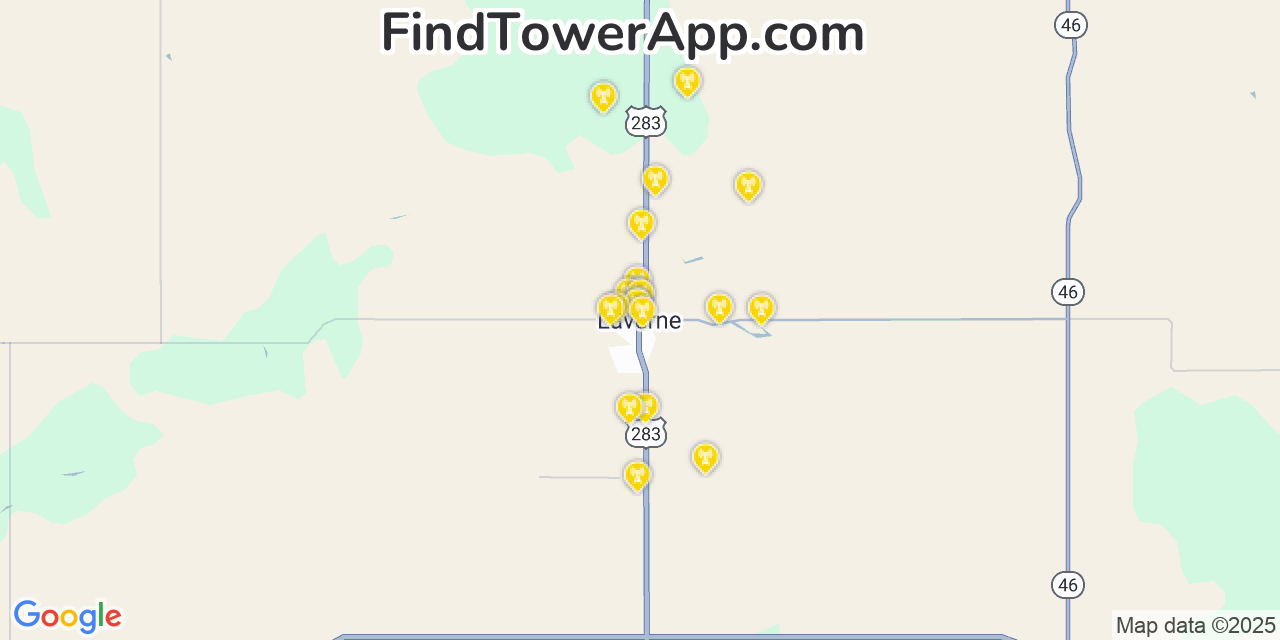 Map showing the 20 primary cell tower locations detected in Laverne, Oklahoma from AT&T, Verizon, and T-Mobile networks
