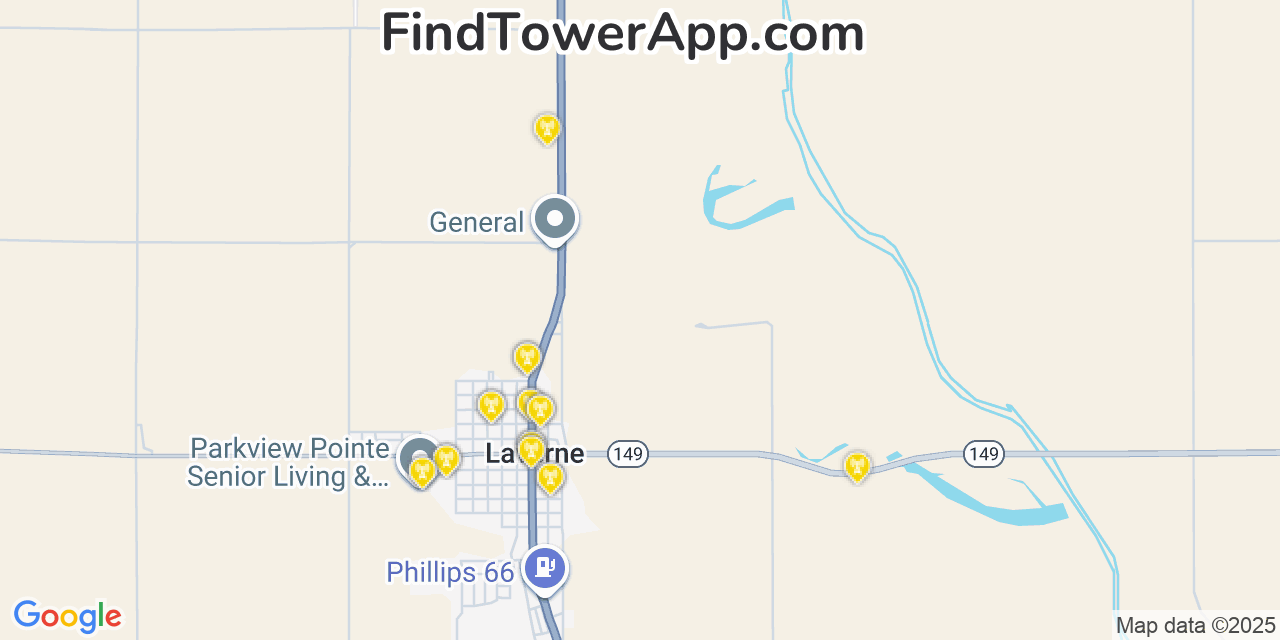 Map showing the 20 primary cell tower locations detected in Laverne, Oklahoma from AT&T, Verizon, and T-Mobile networks