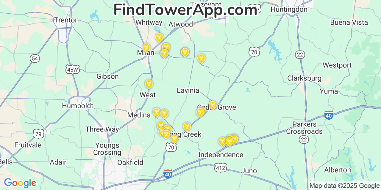 Map showing the 27 primary AT&T cell tower locations detected in Lavinia, Tennessee with coverage radius and signal strength indicators