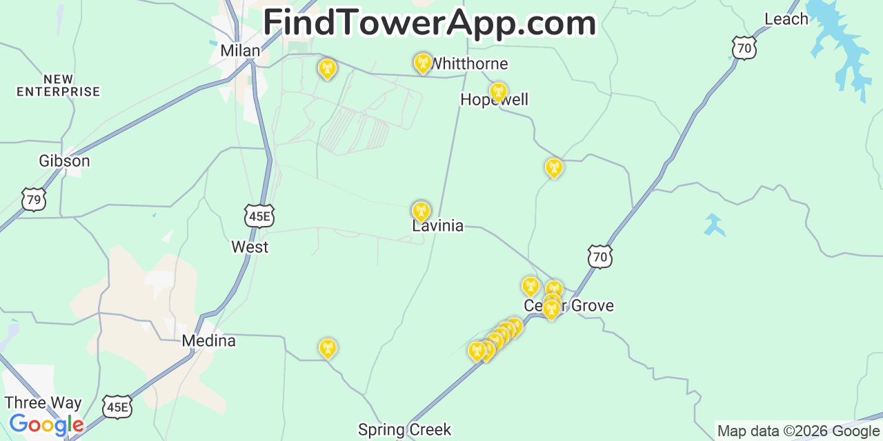 Map showing the 20 primary cell tower locations detected in Lavinia, Tennessee from AT&T, Verizon, and T-Mobile networks