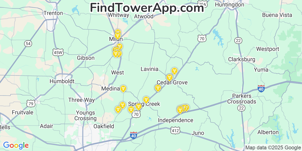 Map showing the 22 primary T-Mobile cell tower locations detected in Lavinia, Tennessee with coverage radius and signal strength indicators