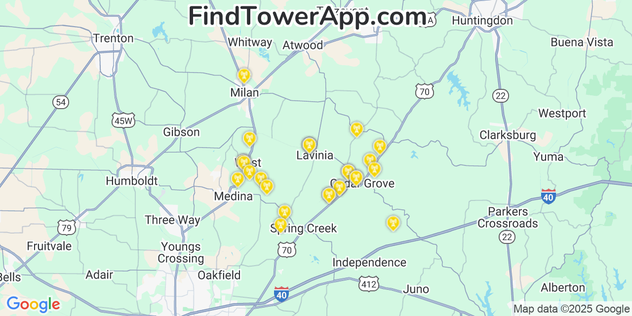 Map showing the 27 primary Verizon cell tower locations detected in Lavinia, Tennessee with coverage radius and signal strength indicators